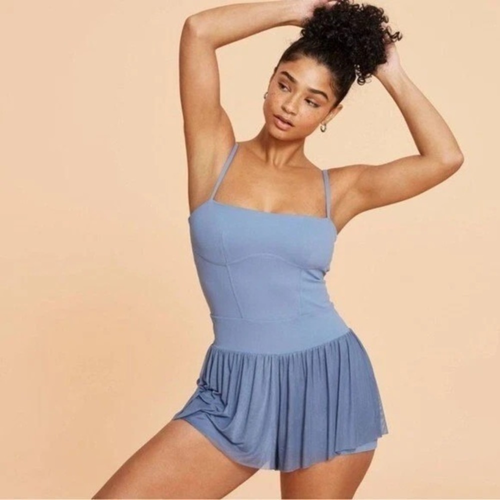 NEW Blogilates Barre Romper Ballerina Mesh Skirt Troposphere Blue Size Large